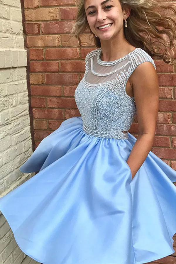 Beaded Satin High Neck Sleeveless Short Prom Dress Homecoming Dress, MH209