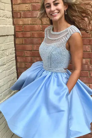 Beaded Satin High Neck Sleeveless Short Prom Dress Homecoming Dress, MH209