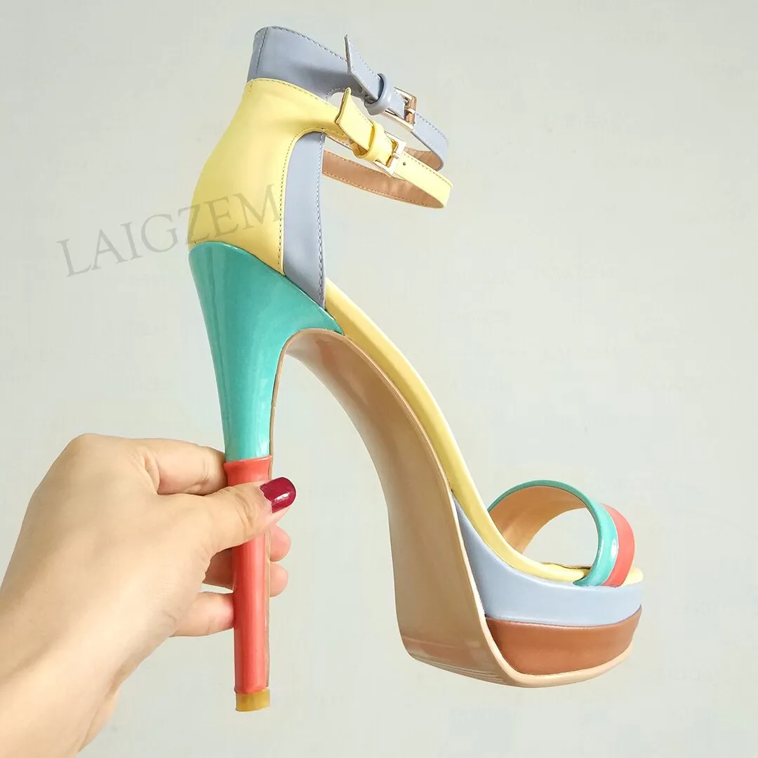 BERZIMER Open Toe Ankle Strap Stiletto Heels Platform