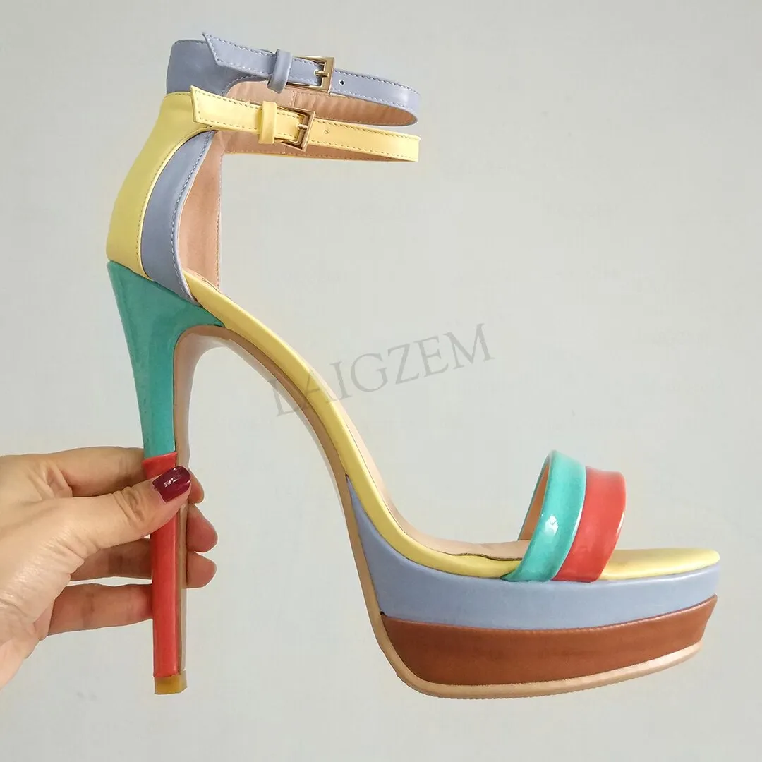 BERZIMER Open Toe Ankle Strap Stiletto Heels Platform