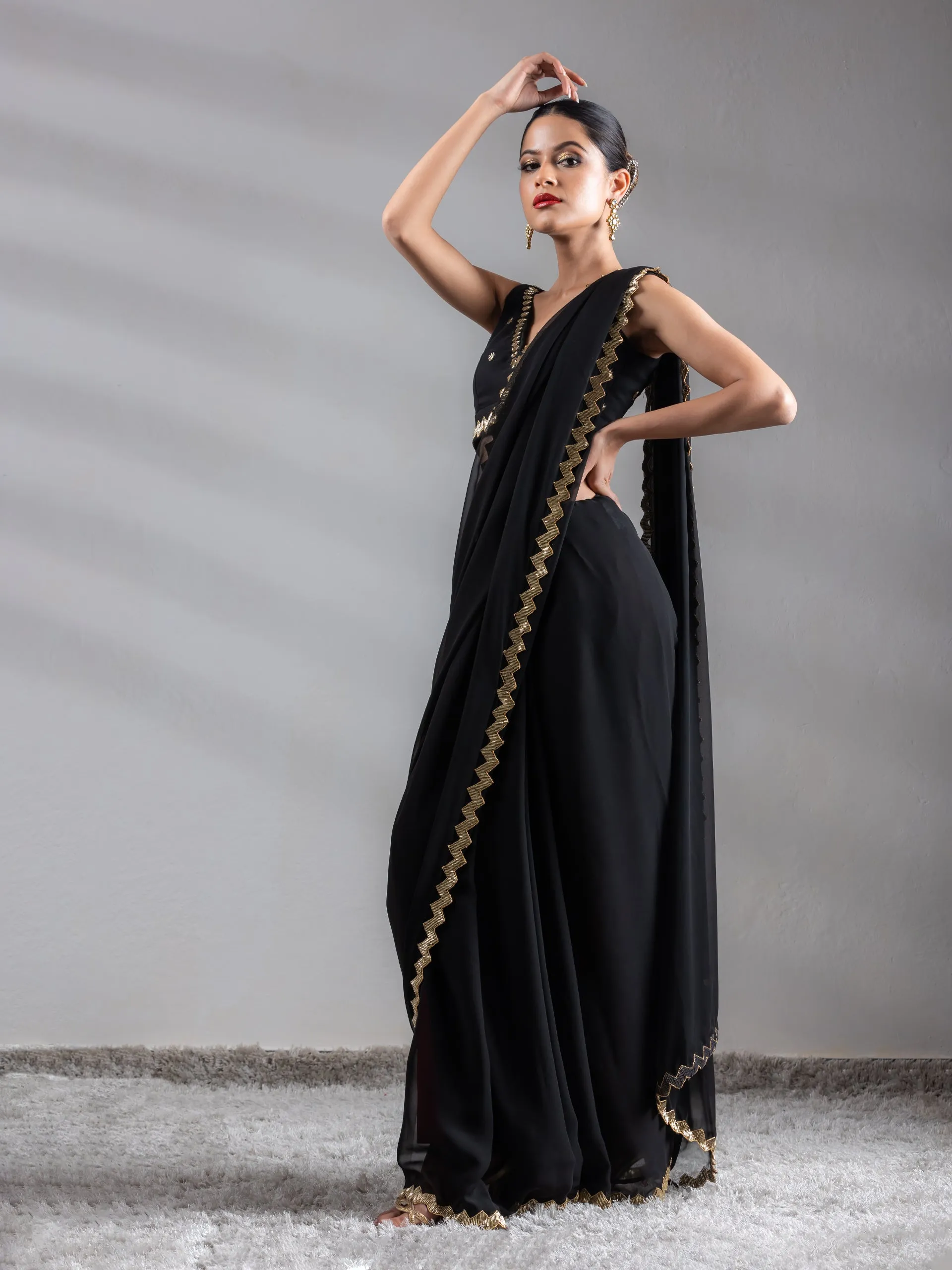 Black Sequin Georgette Saree with Blouse Fabric