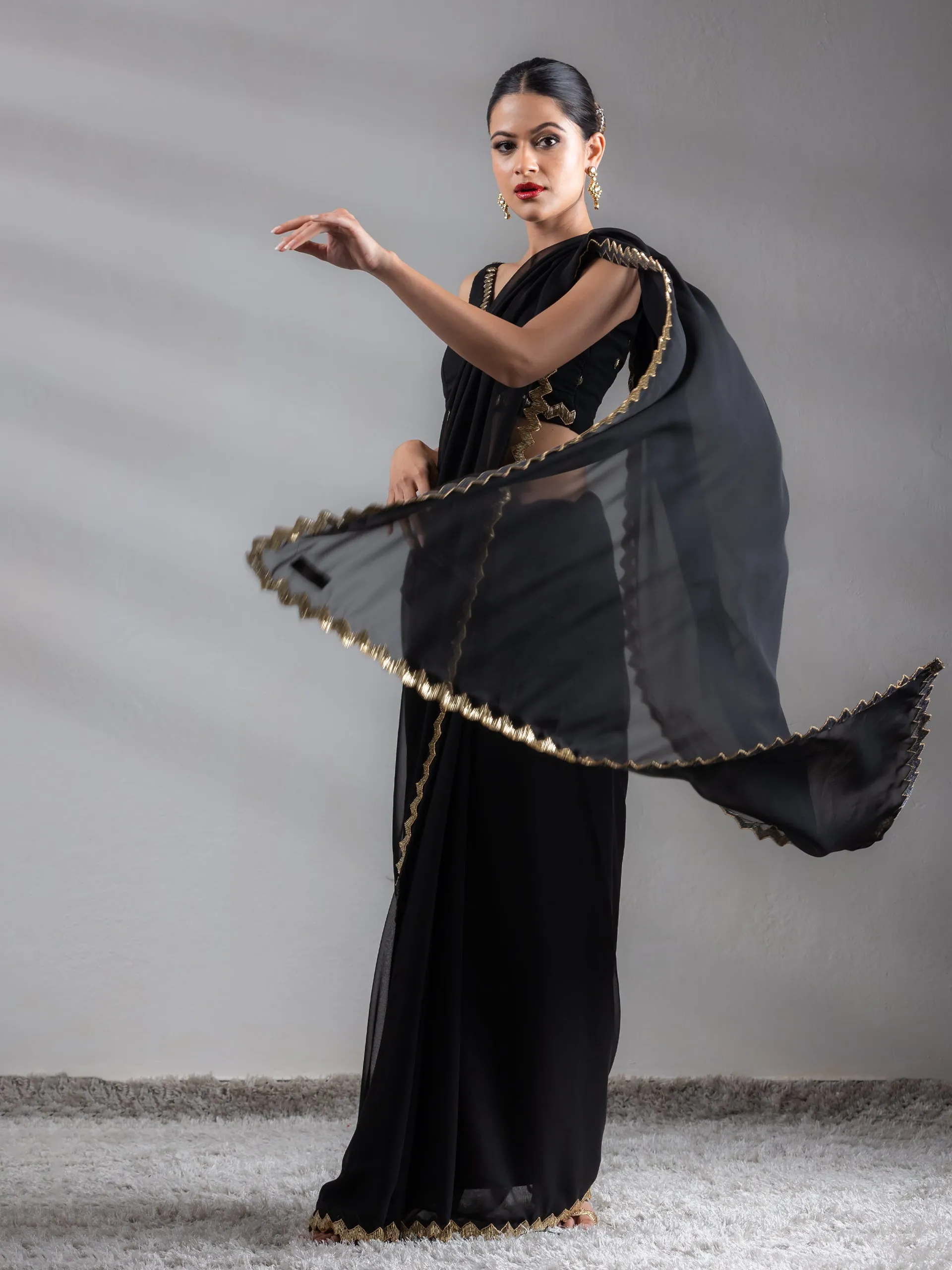 Black Sequin Georgette Saree with Blouse Fabric