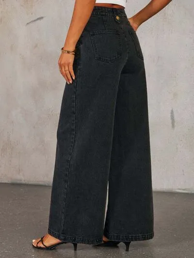 Button Down Vest and Wide Leg Jeans Denim Set