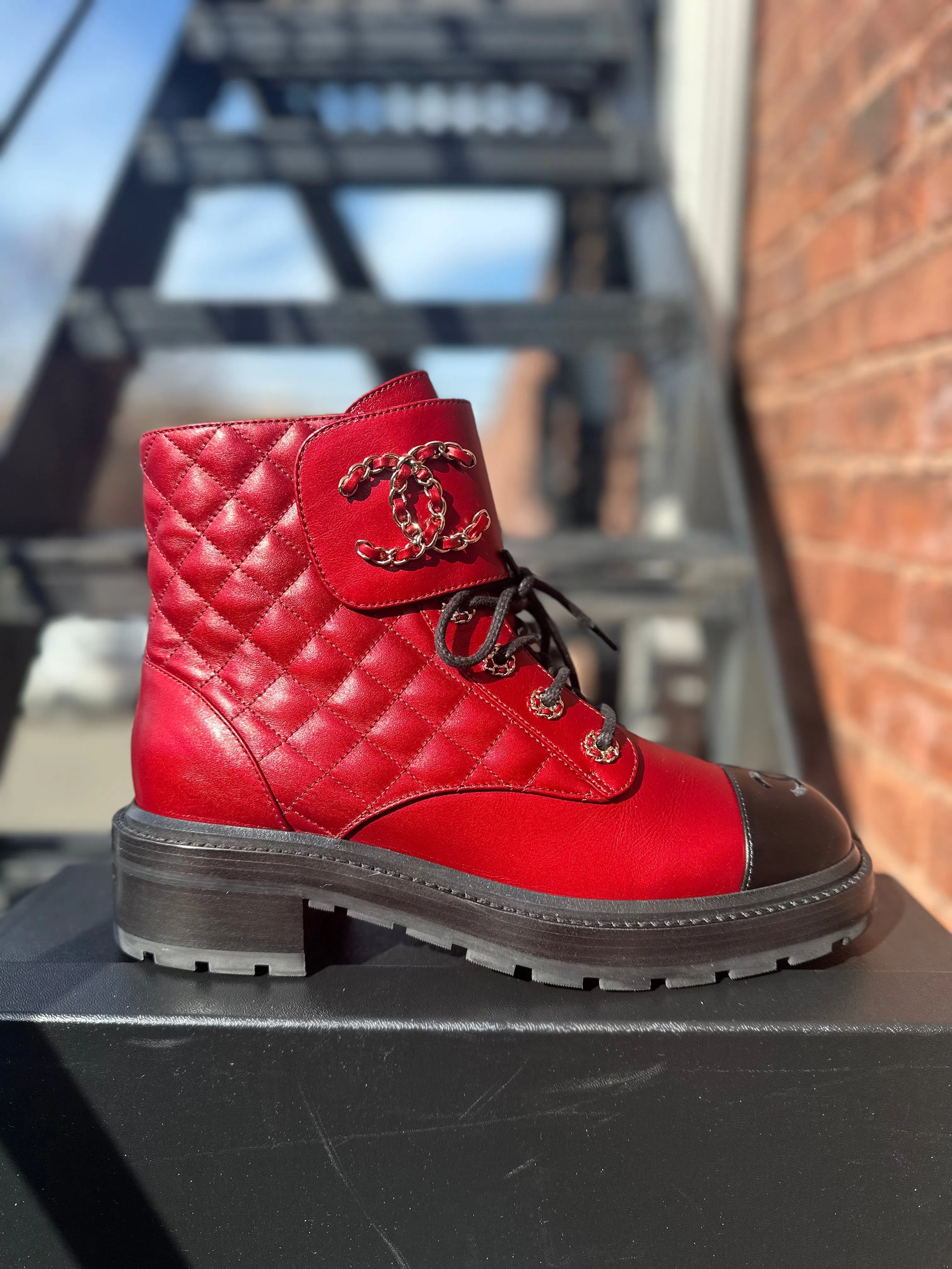 Chanel Red Metallic Lace Up Quilted Lace Up Calfskin Boot