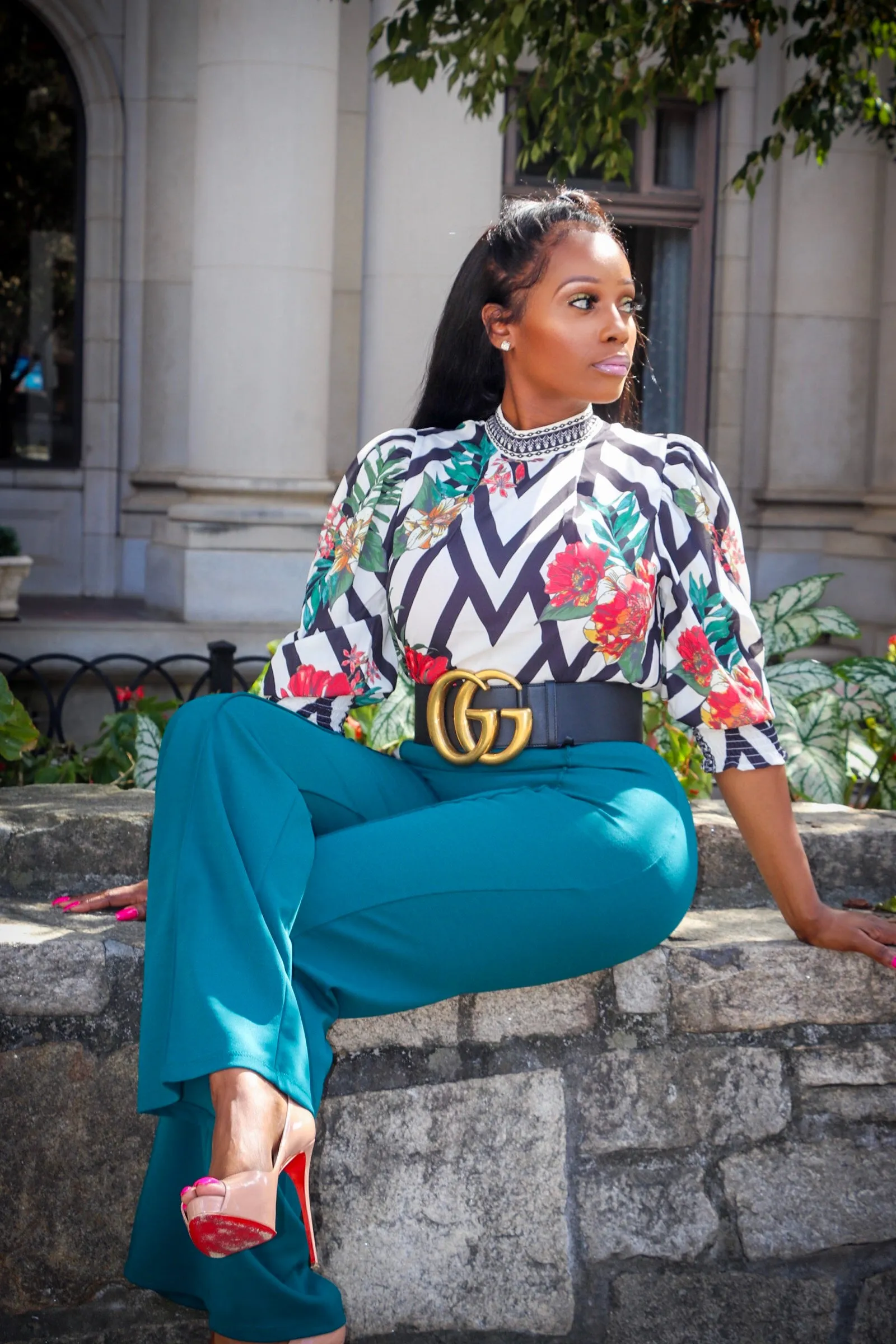 Chelsea Black White Chevron Stripe Floral Print Top