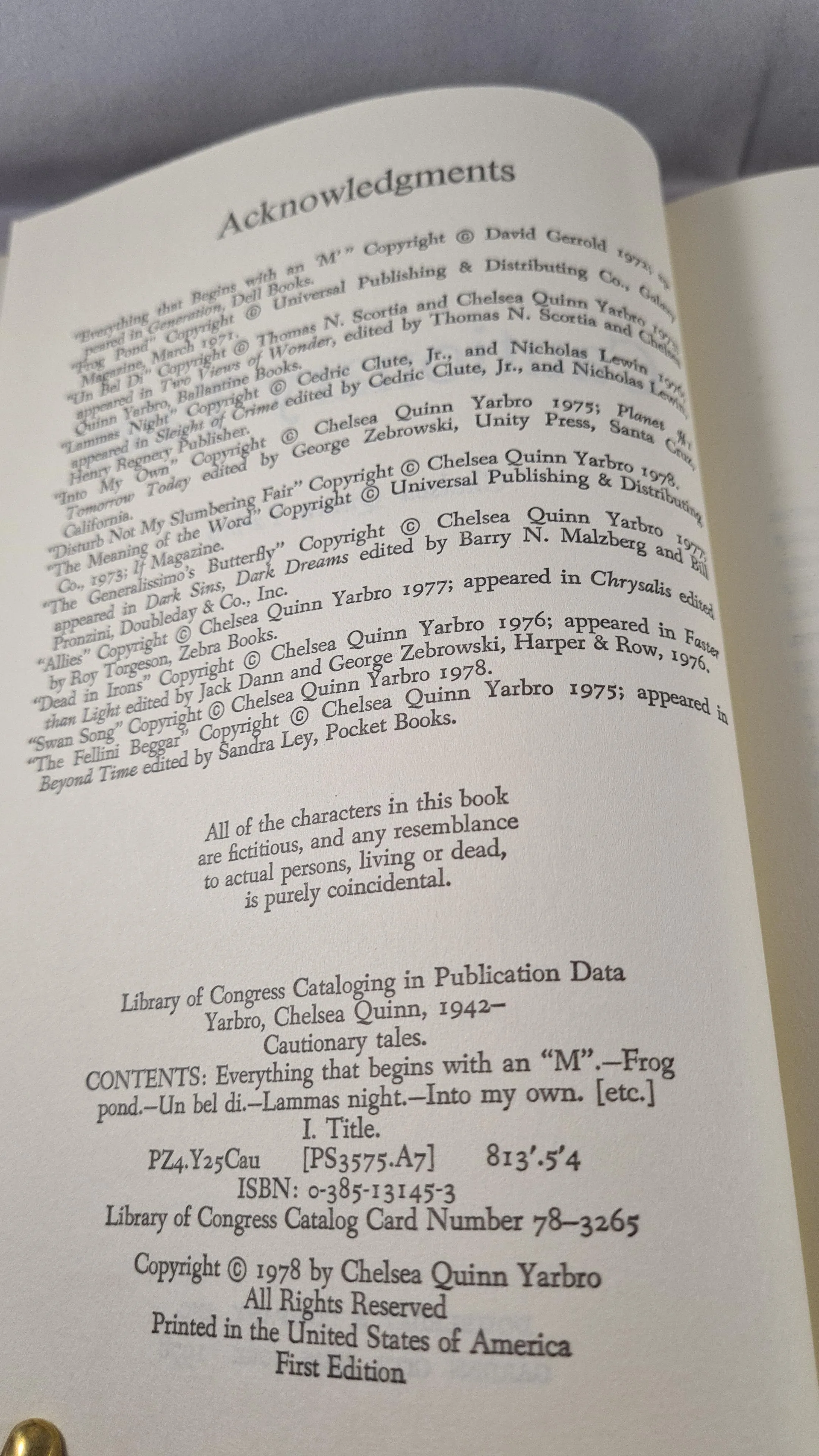 Chelsea Quinn Yarbro - Cautionary Tales, Doubleday, 1978, First Edition