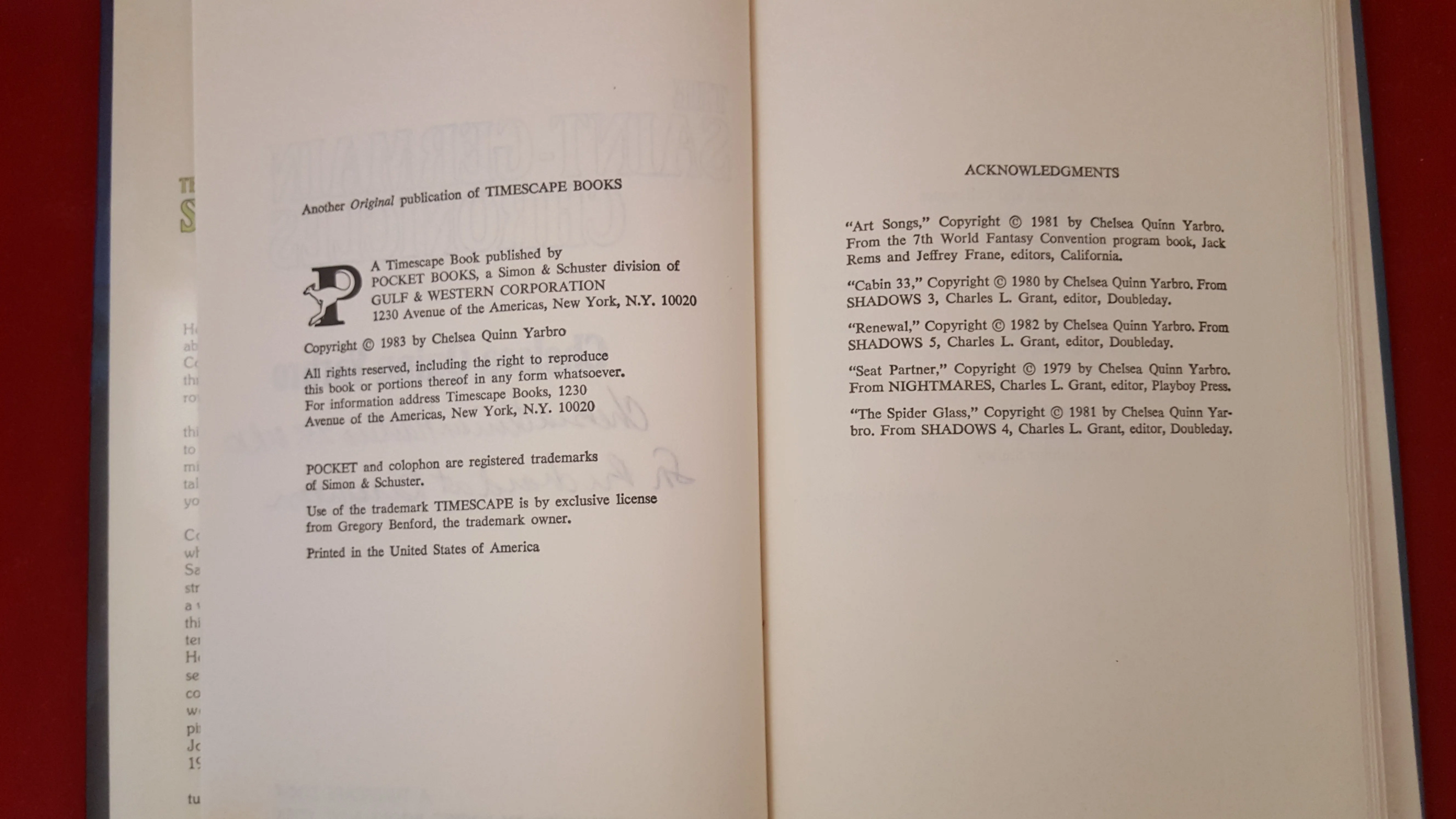 Chelsea Quinn Yarbro - The Saint-Germain Chronicles, Pocket Books, 1983, 1st Hardcover edition