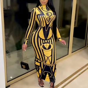 Colorblock Print Long Sleeve Maxi Dress