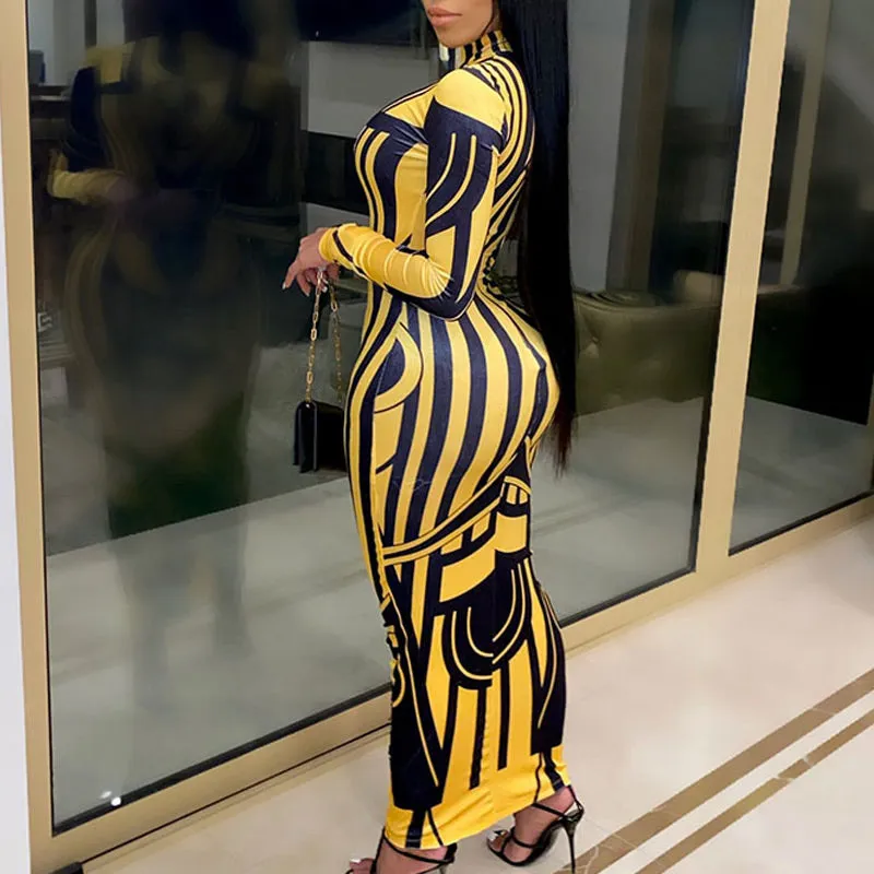 Colorblock Print Long Sleeve Maxi Dress