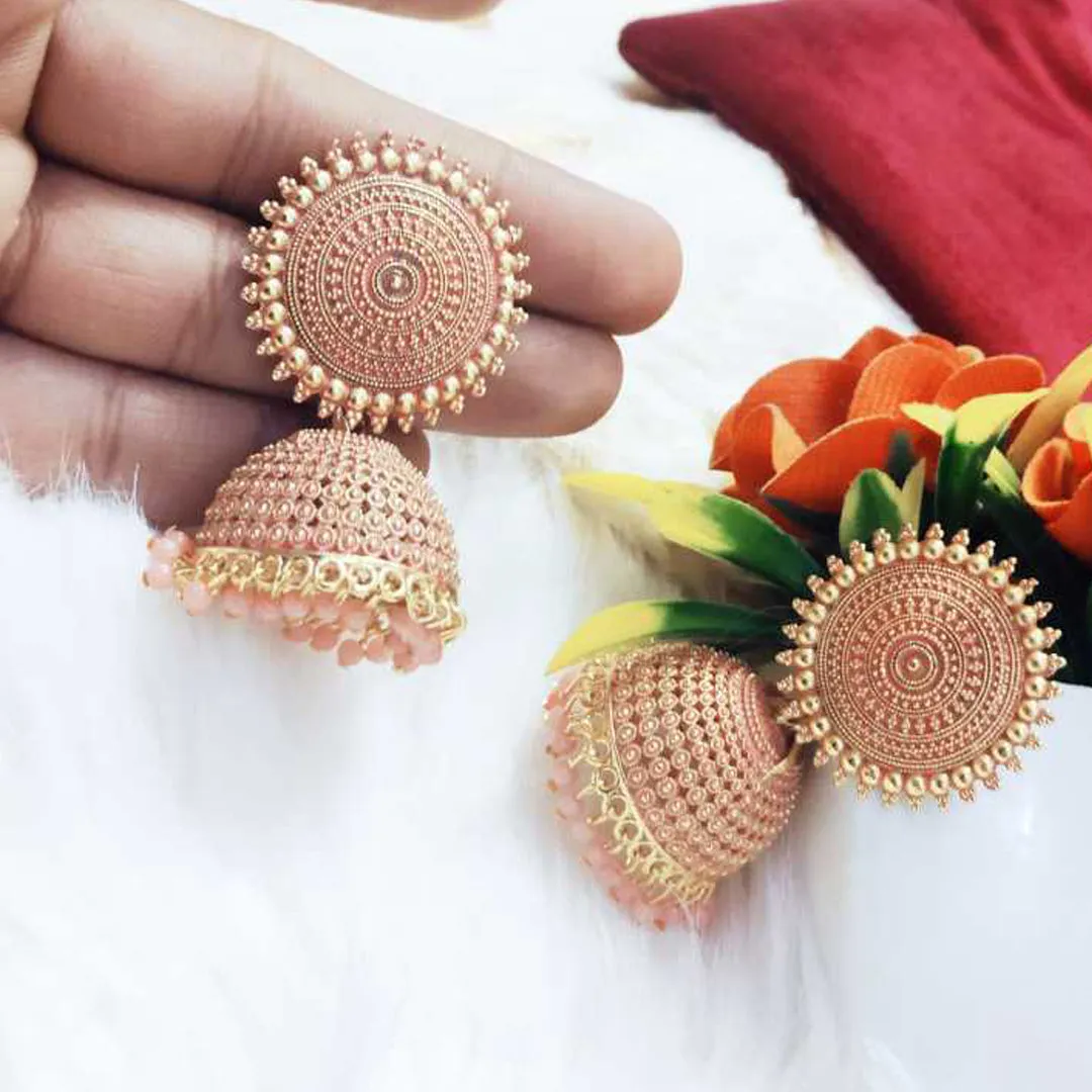 Combo of 2 Peach and Dark Green Pearls Dome Jhumki