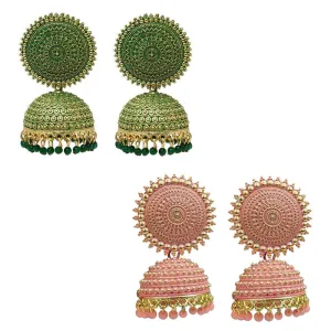 Combo of 2 Peach and Dark Green Pearls Dome Jhumki