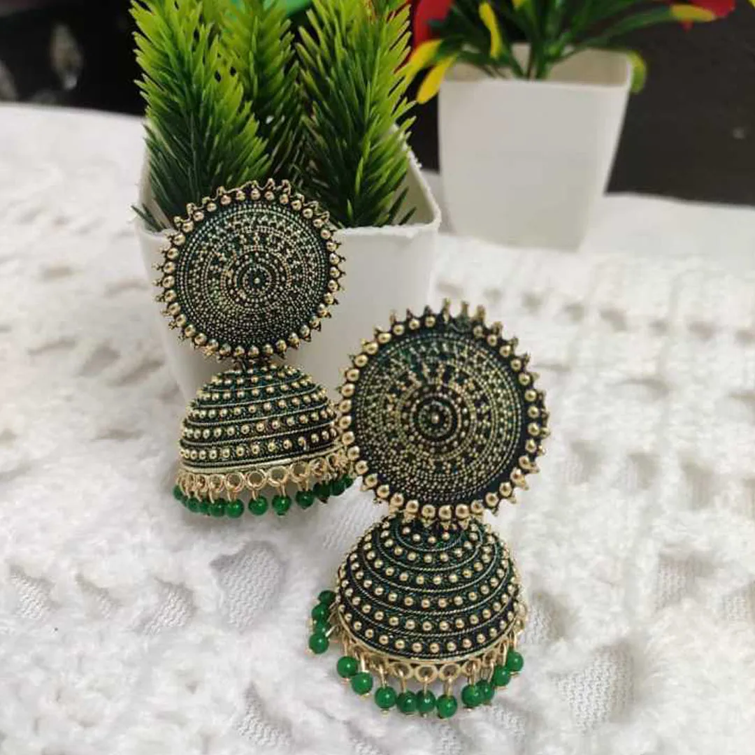 Combo of 2 Peach and Dark Green Pearls Dome Jhumki