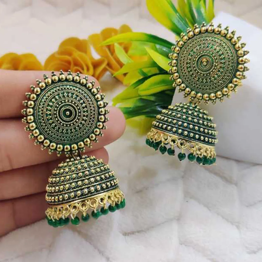 Combo of 2 Peach and Dark Green Pearls Dome Jhumki