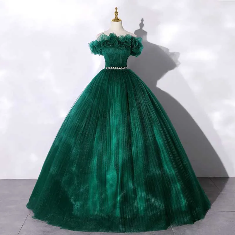 Custom Made Off-shoulder Emerald Green Gown With Flowy Skirt