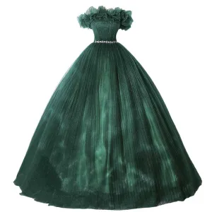 Custom Made Off-shoulder Emerald Green Gown With Flowy Skirt