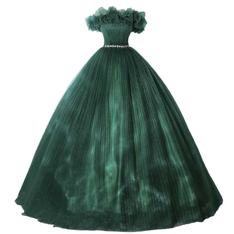 Custom Made Off-shoulder Emerald Green Gown With Flowy Skirt