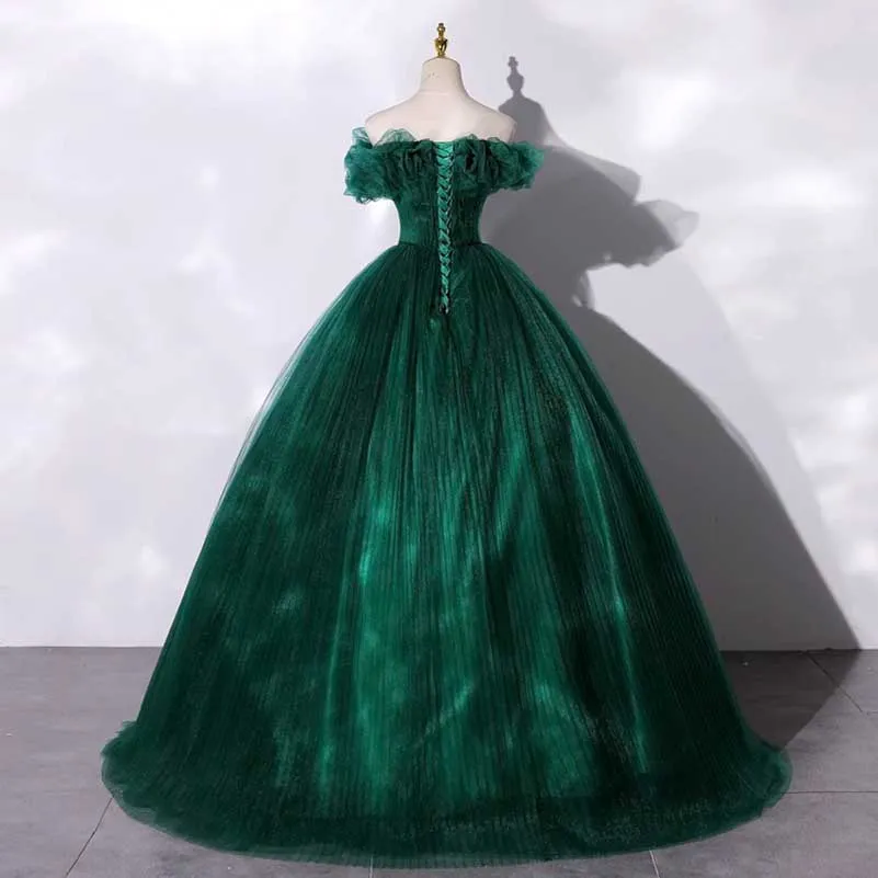 Custom Made Off-shoulder Emerald Green Gown With Flowy Skirt