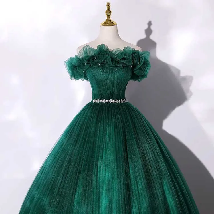 Custom Made Off-shoulder Emerald Green Gown With Flowy Skirt