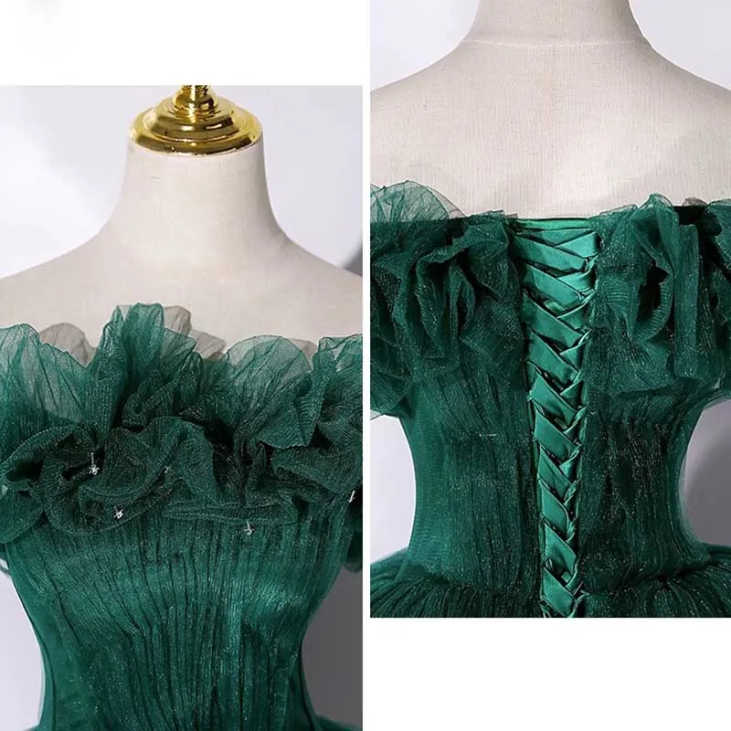 Custom Made Off-shoulder Emerald Green Gown With Flowy Skirt