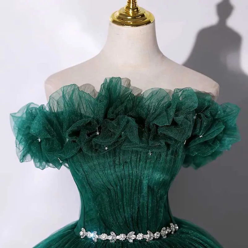 Custom Made Off-shoulder Emerald Green Gown With Flowy Skirt