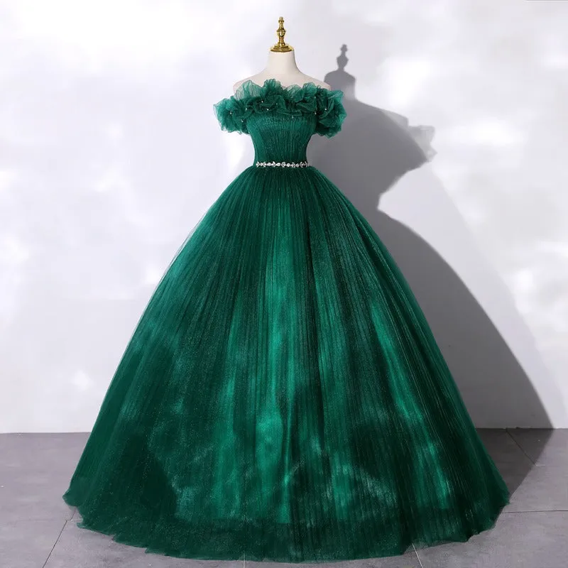 Custom Made Off-shoulder Emerald Green Gown With Flowy Skirt