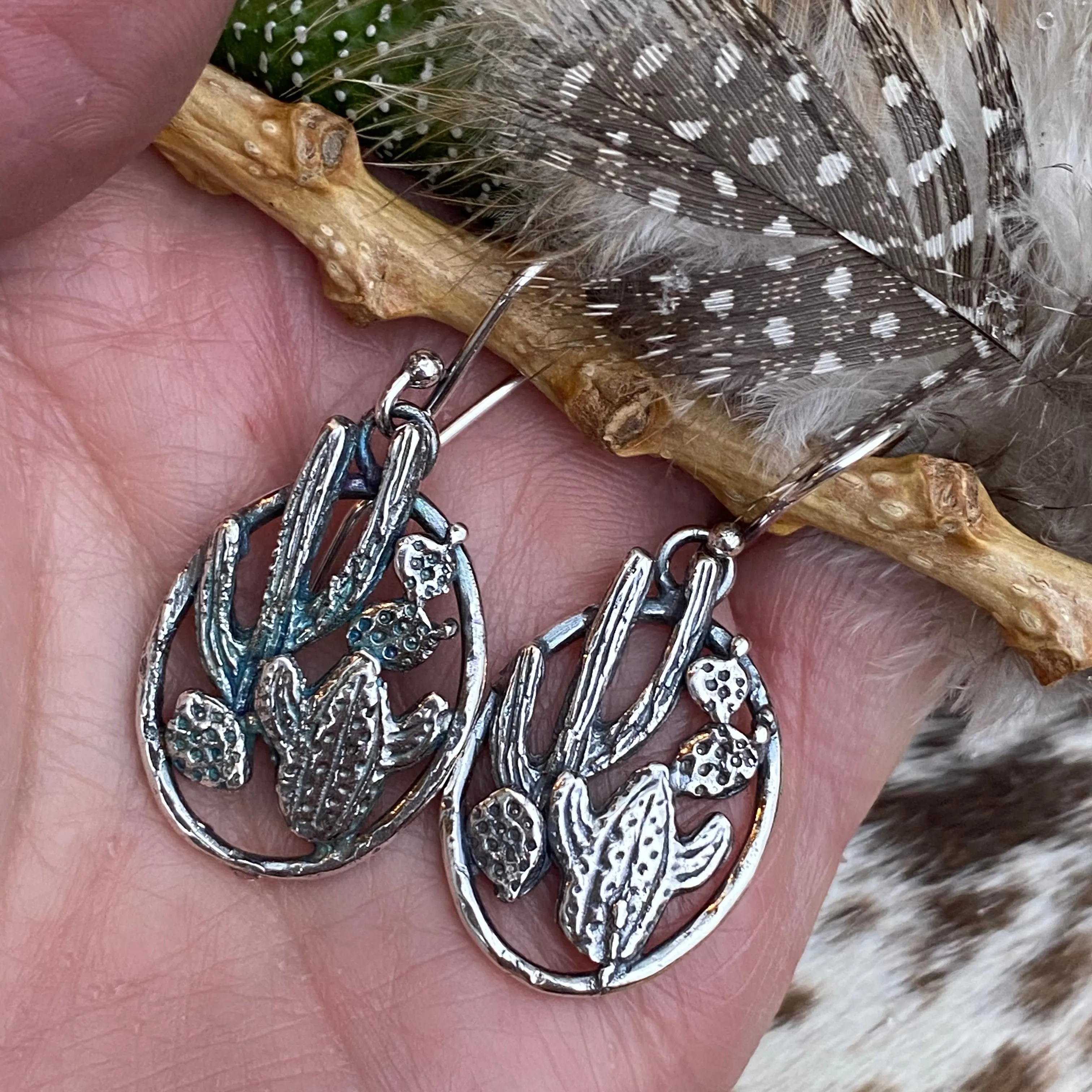 Desert Dweller Cactus Scene hand cast Sterling Silver Earrings