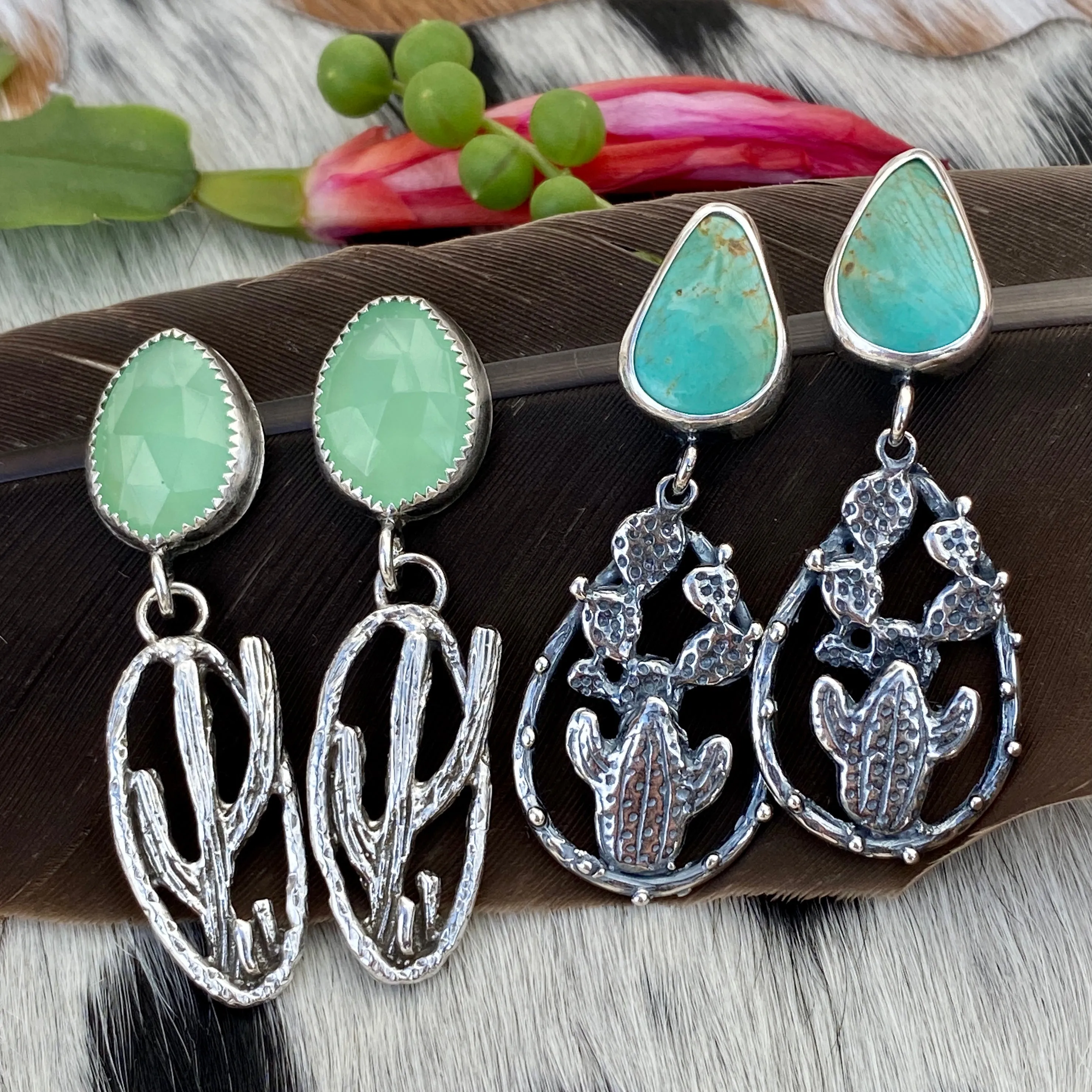 Desert Dweller Chalcedony Saguaro Cactus Scene hand cast Sterling Silver Earrings