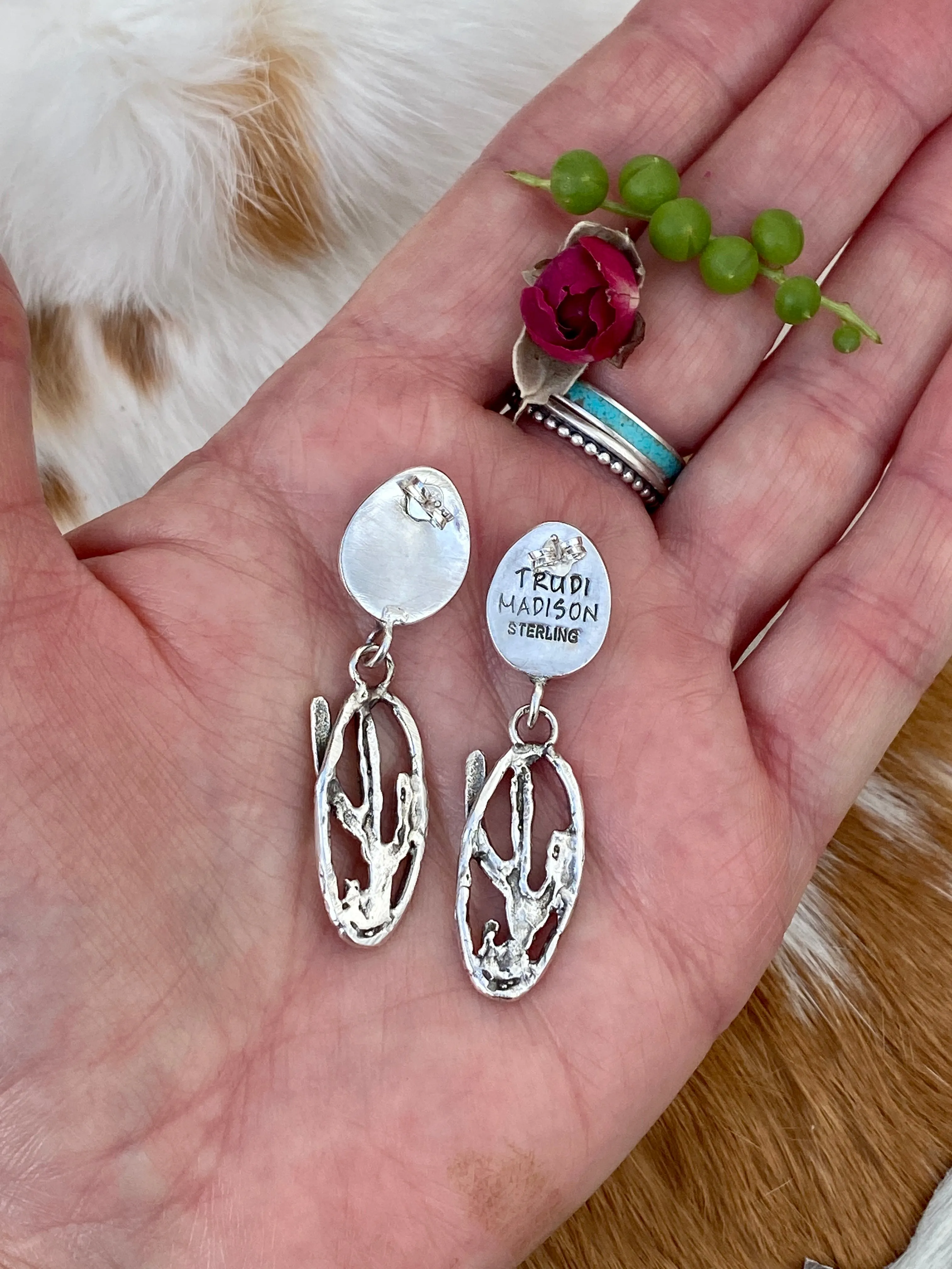 Desert Dweller Chalcedony Saguaro Cactus Scene hand cast Sterling Silver Earrings