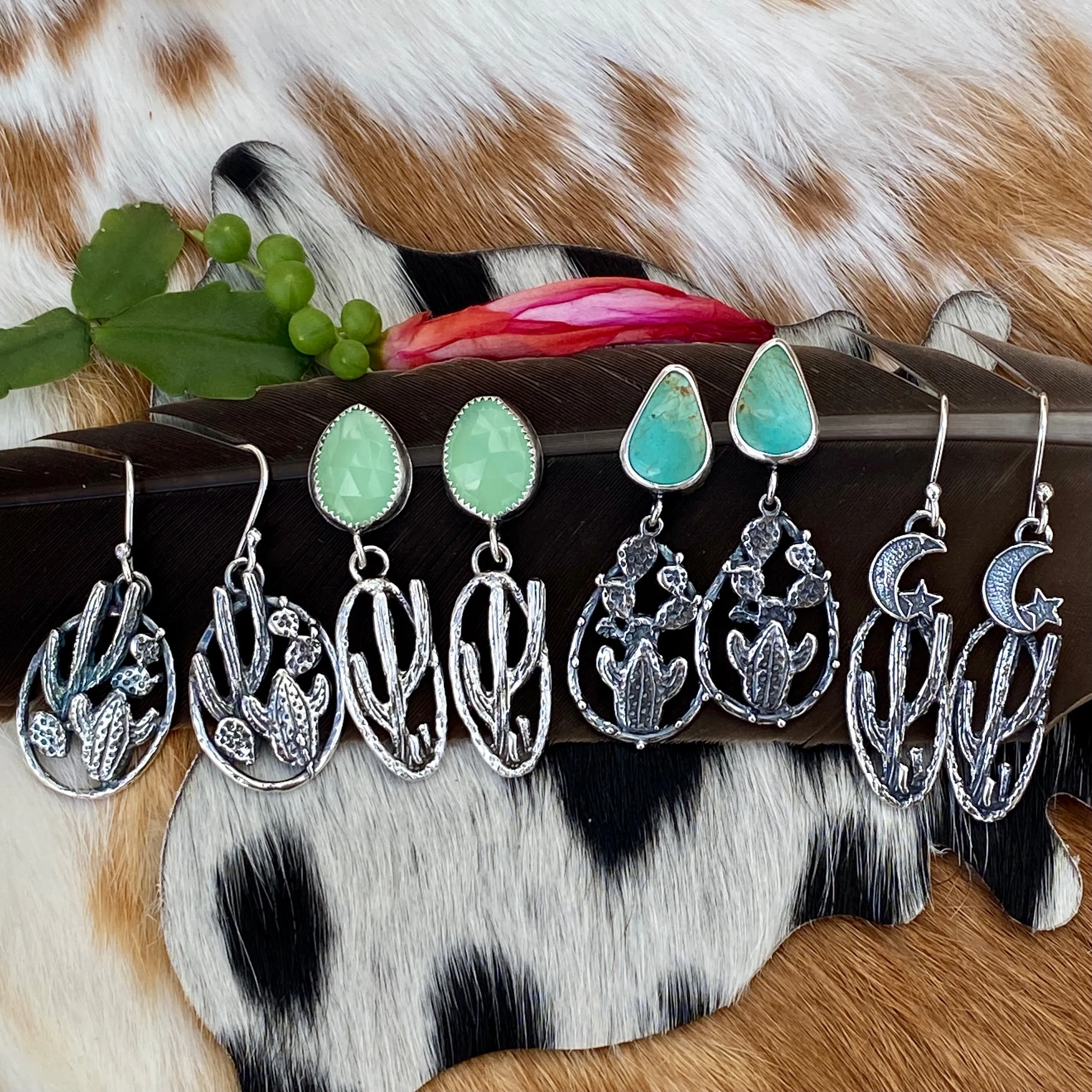 Desert Dweller Chalcedony Saguaro Cactus Scene hand cast Sterling Silver Earrings
