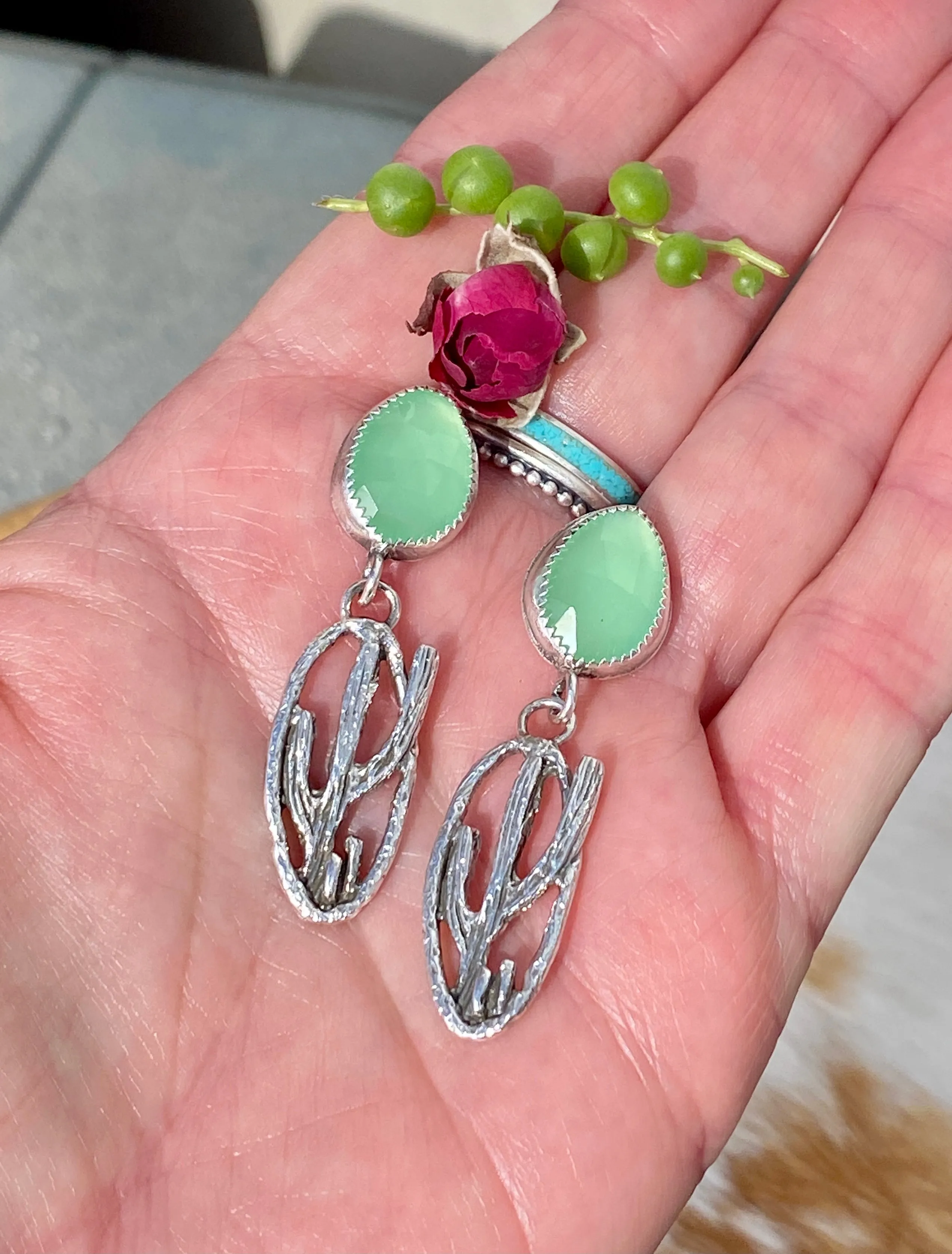 Desert Dweller Chalcedony Saguaro Cactus Scene hand cast Sterling Silver Earrings