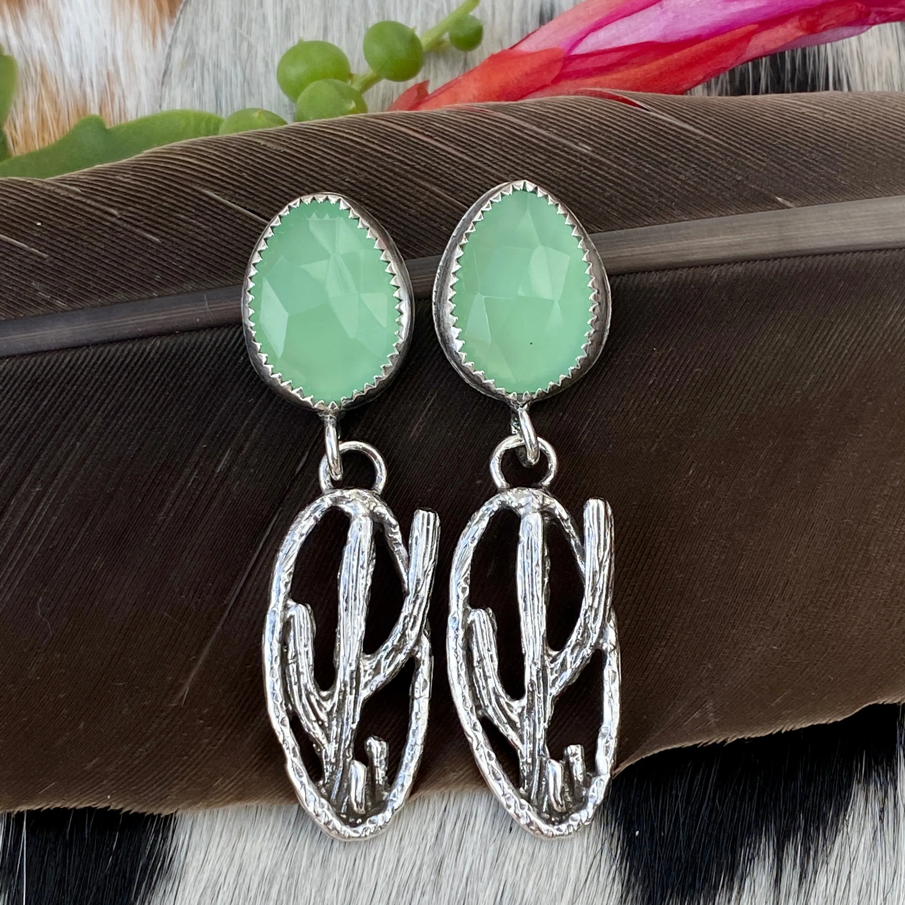 Desert Dweller Chalcedony Saguaro Cactus Scene hand cast Sterling Silver Earrings