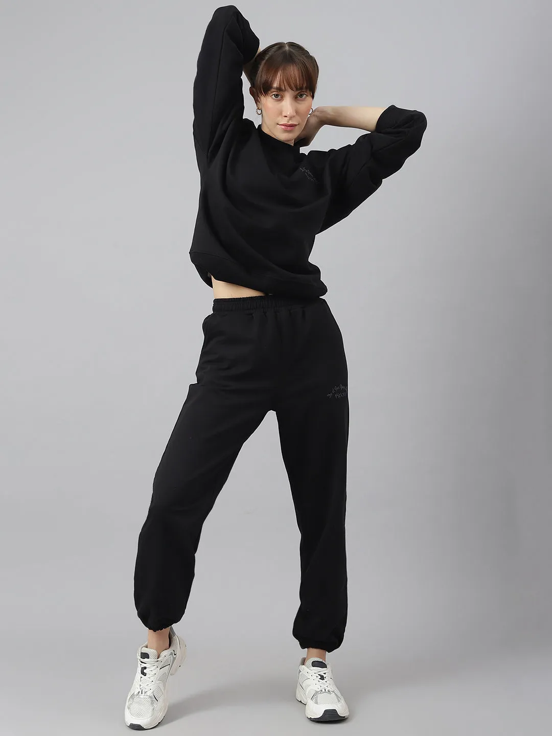 Fitkin Women Black Crew Neck Regular Fit Sweatshirt