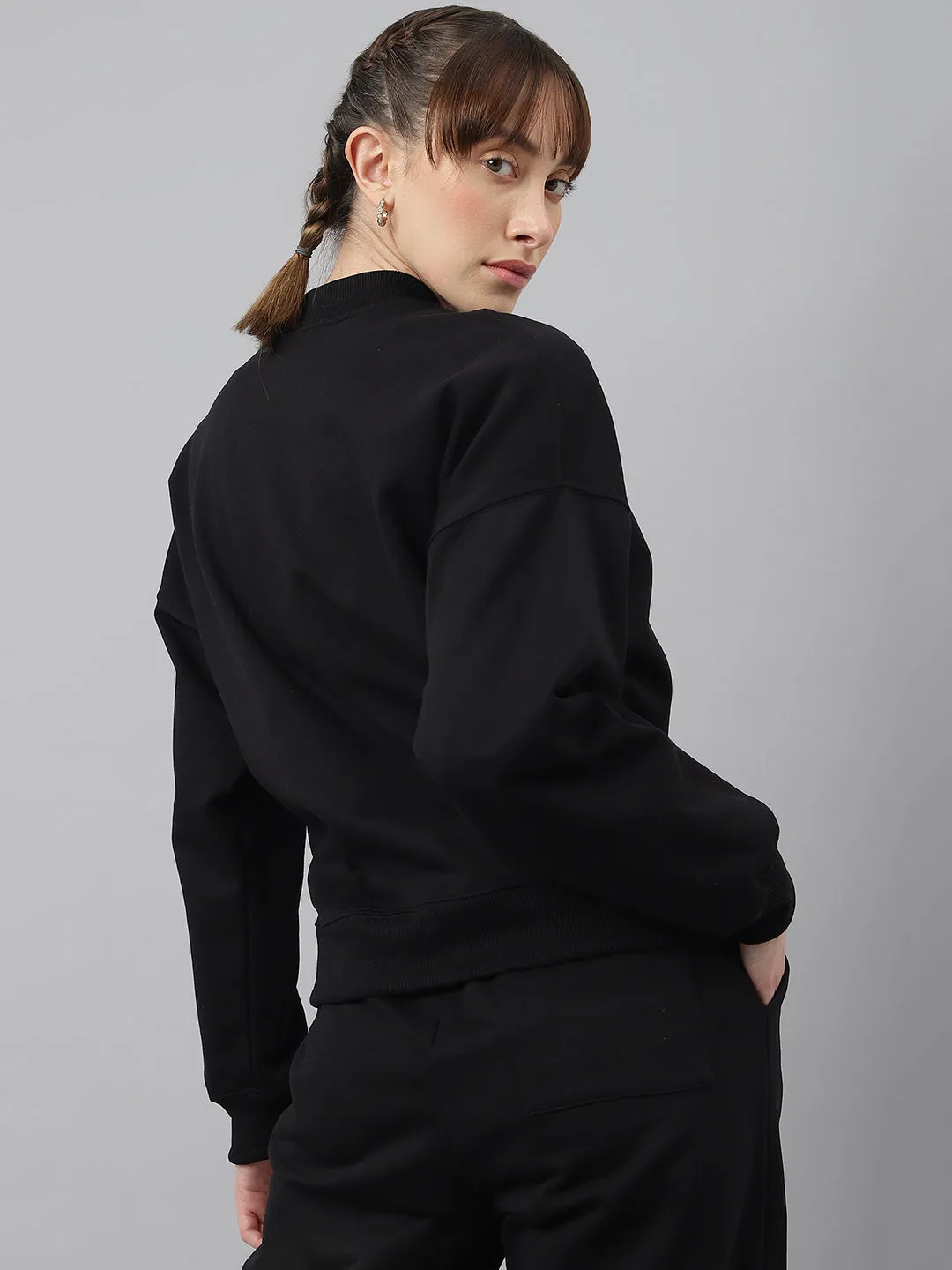 Fitkin Women Black Crew Neck Regular Fit Sweatshirt