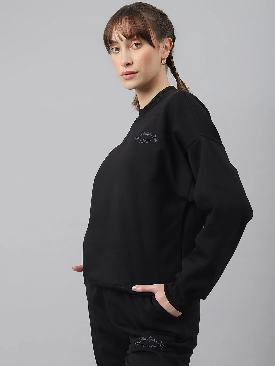 Fitkin Women Black Crew Neck Regular Fit Sweatshirt