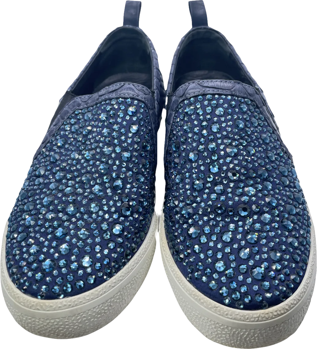 Gina Blue Navy Snake Leather & Crystal Embellished  Slip On Skate Sneakers Trainers UK 3 EU 36 👠