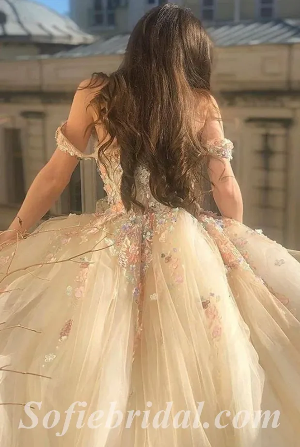Gorgeous Tulle Off Shoulder V-Neck Sleeveless A-Line Long Prom Dresses/Ball Gown With Applique,SFPD0518