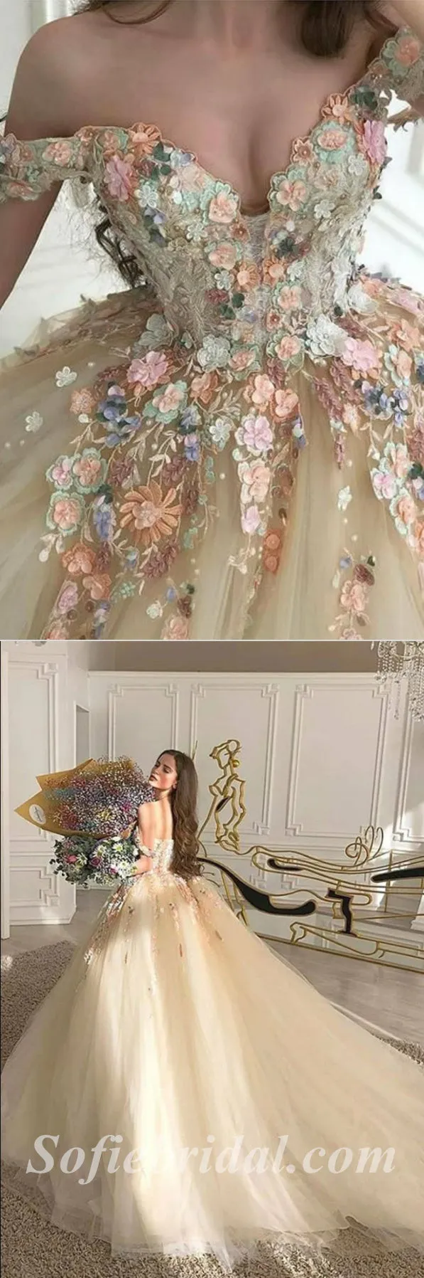 Gorgeous Tulle Off Shoulder V-Neck Sleeveless A-Line Long Prom Dresses/Ball Gown With Applique,SFPD0518