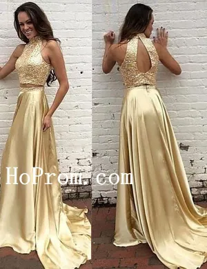 High Neck Gold Prom Dresses,Beading Prom Dress,Evening Dress