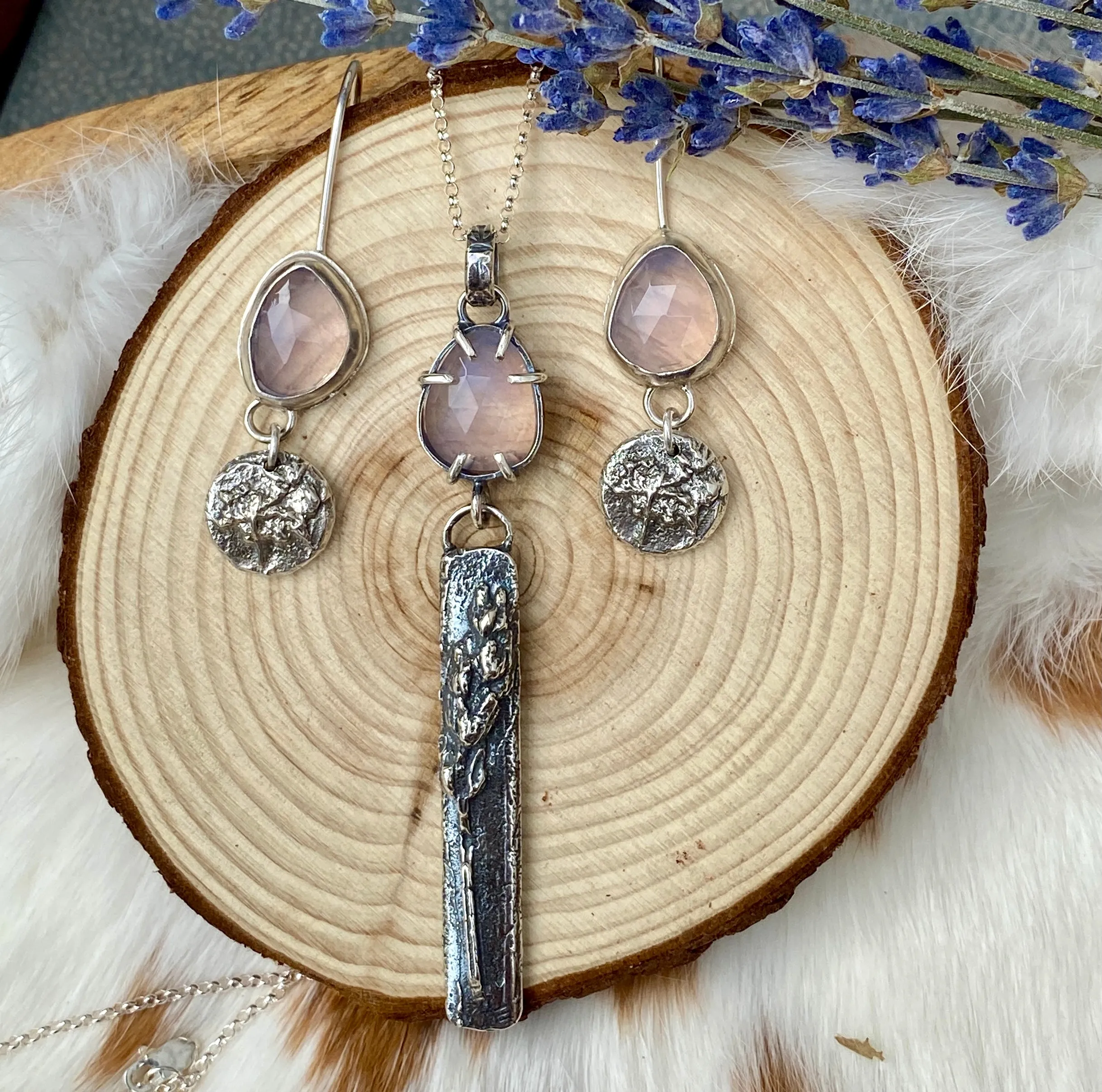 Lavender Quartz and hand cast Botanical Charm Sterling Silver Earrings
