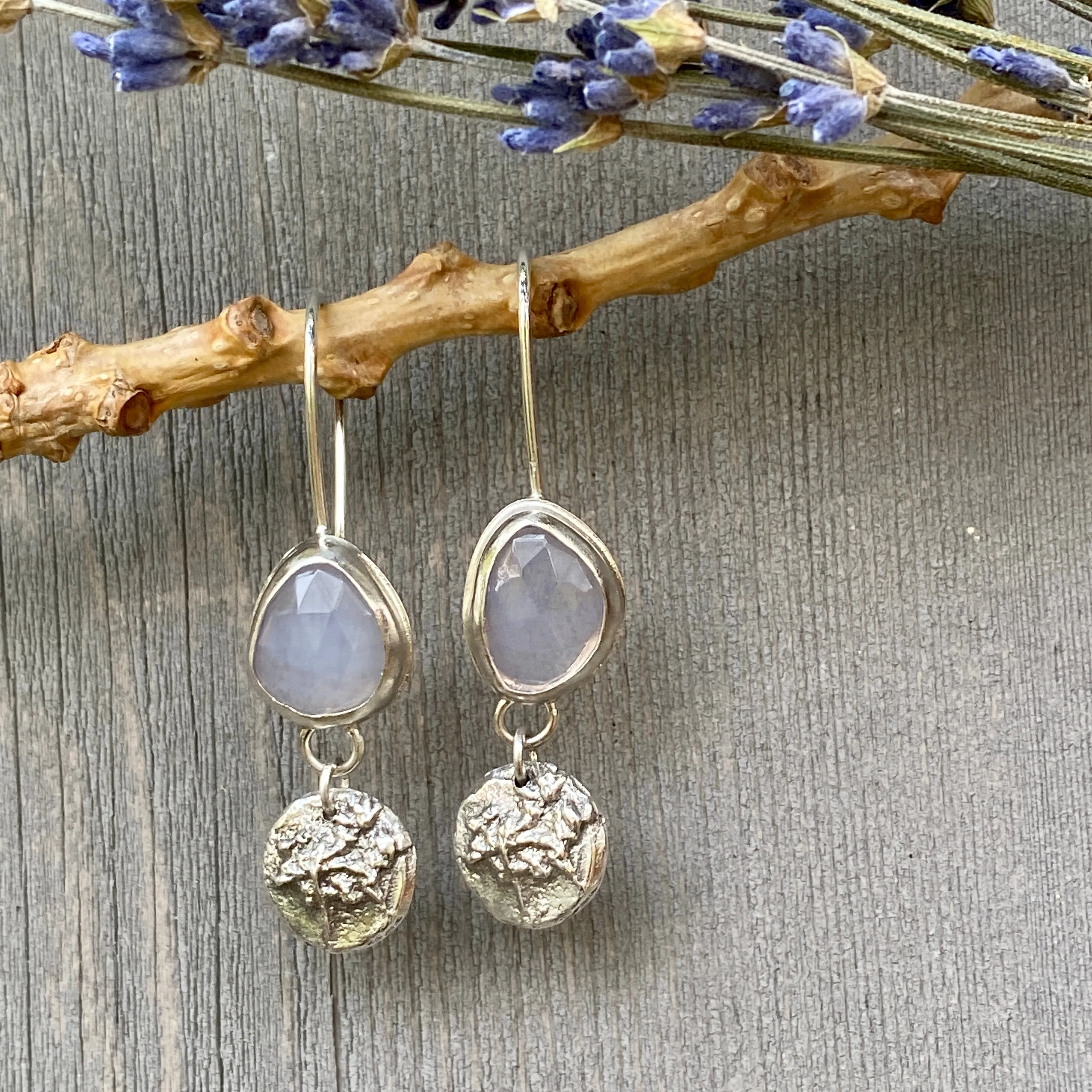 Lavender Quartz and hand cast Botanical Charm Sterling Silver Earrings