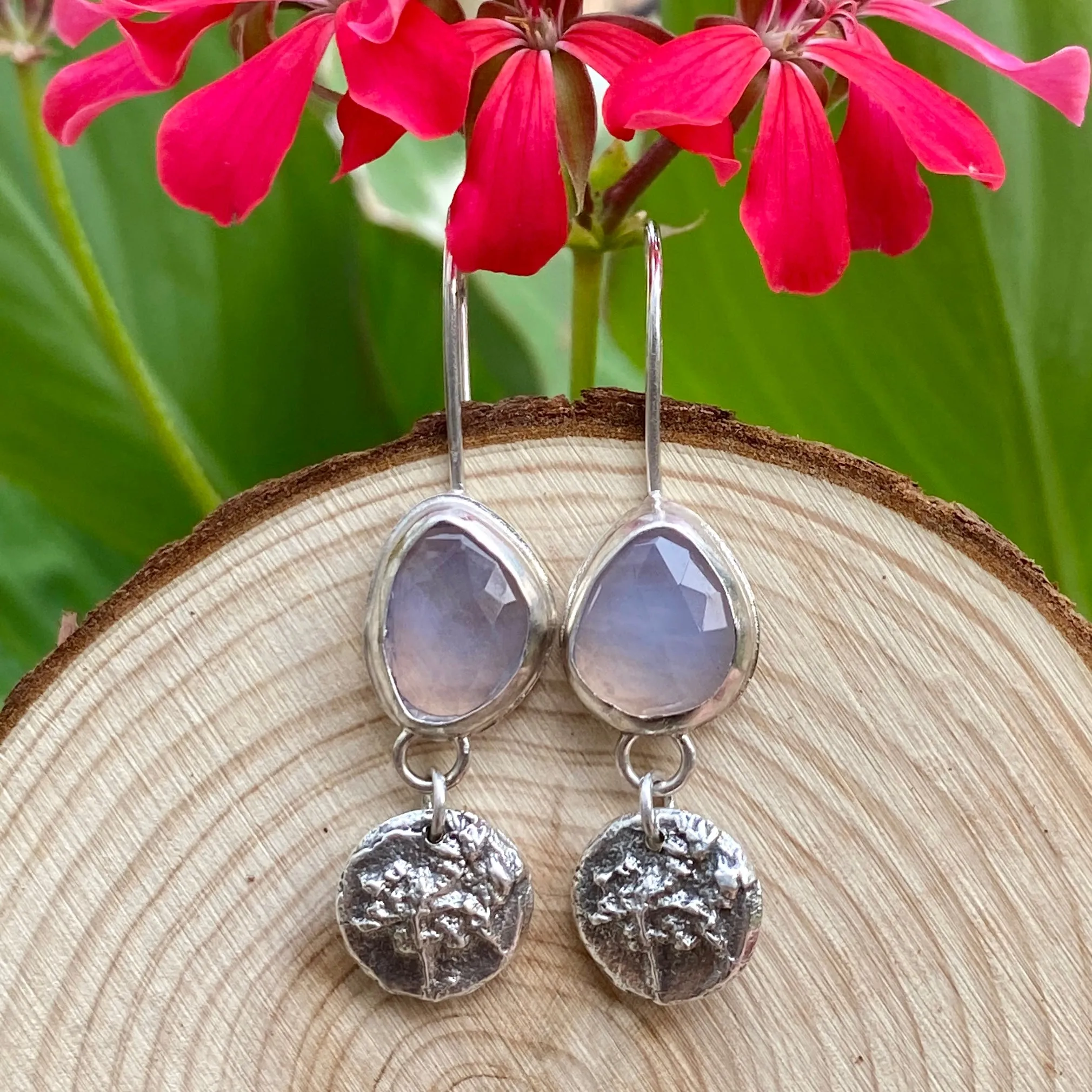 Lavender Quartz and hand cast Botanical Charm Sterling Silver Earrings