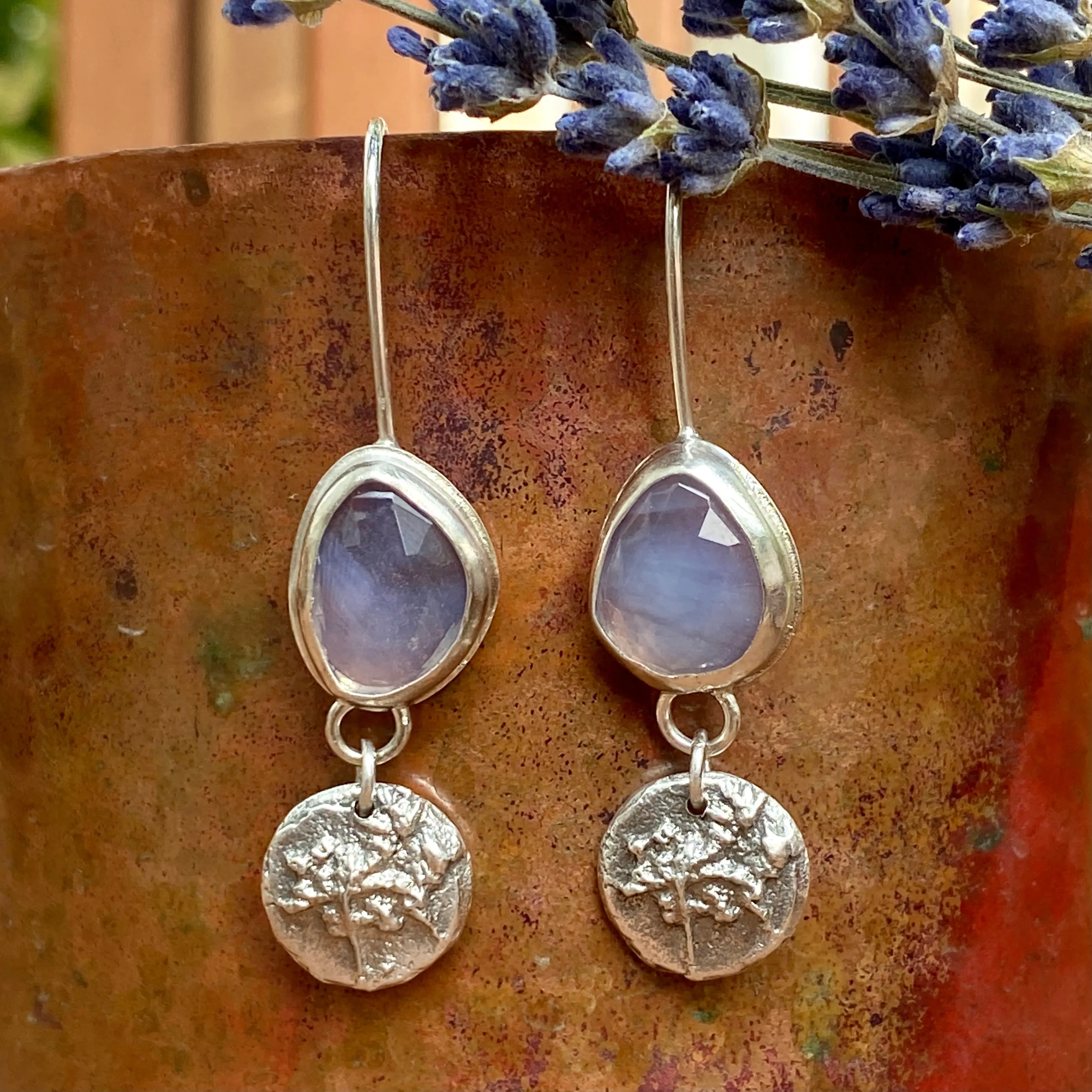Lavender Quartz and hand cast Botanical Charm Sterling Silver Earrings