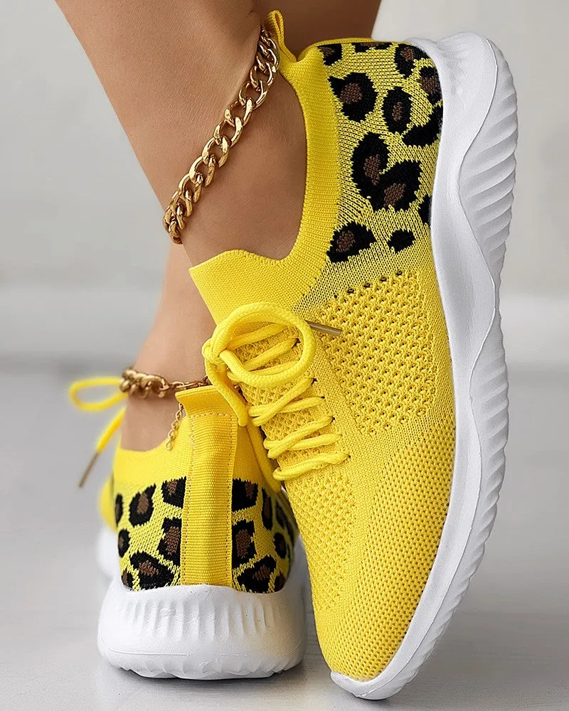 Leopard Lace up Breathable Casual Sneakers
