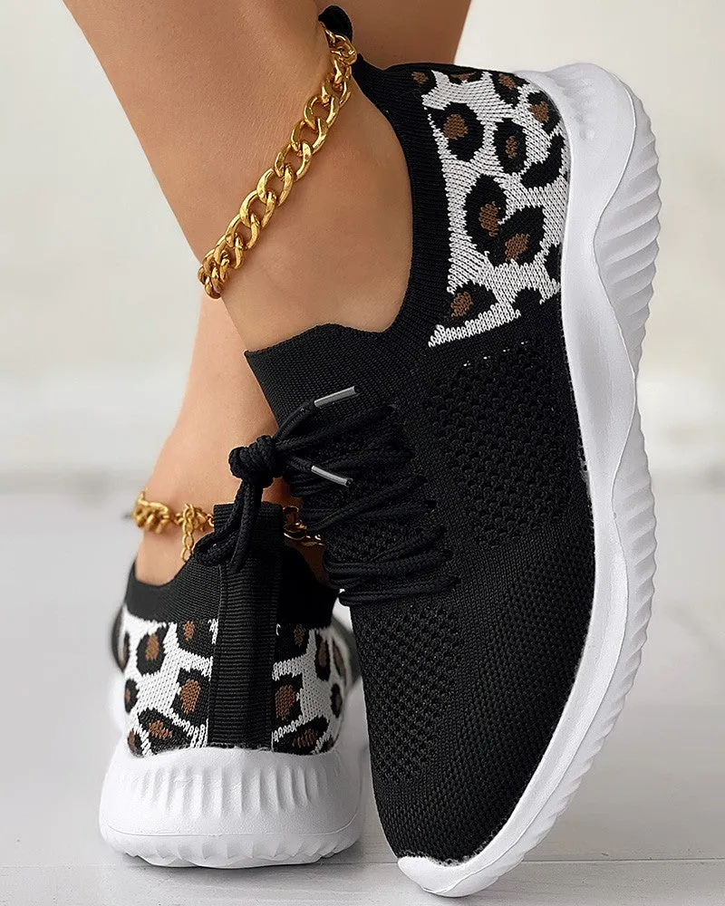 Leopard Lace up Breathable Casual Sneakers