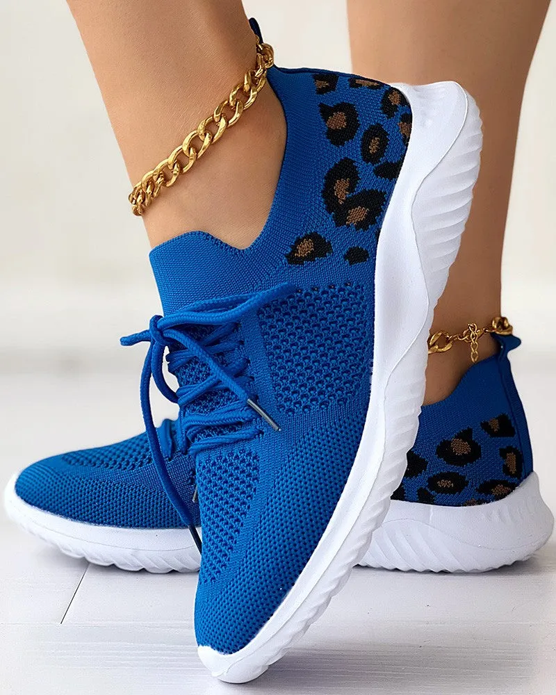 Leopard Lace up Breathable Casual Sneakers