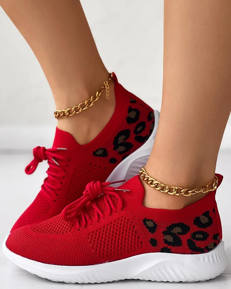 Leopard Lace up Breathable Casual Sneakers