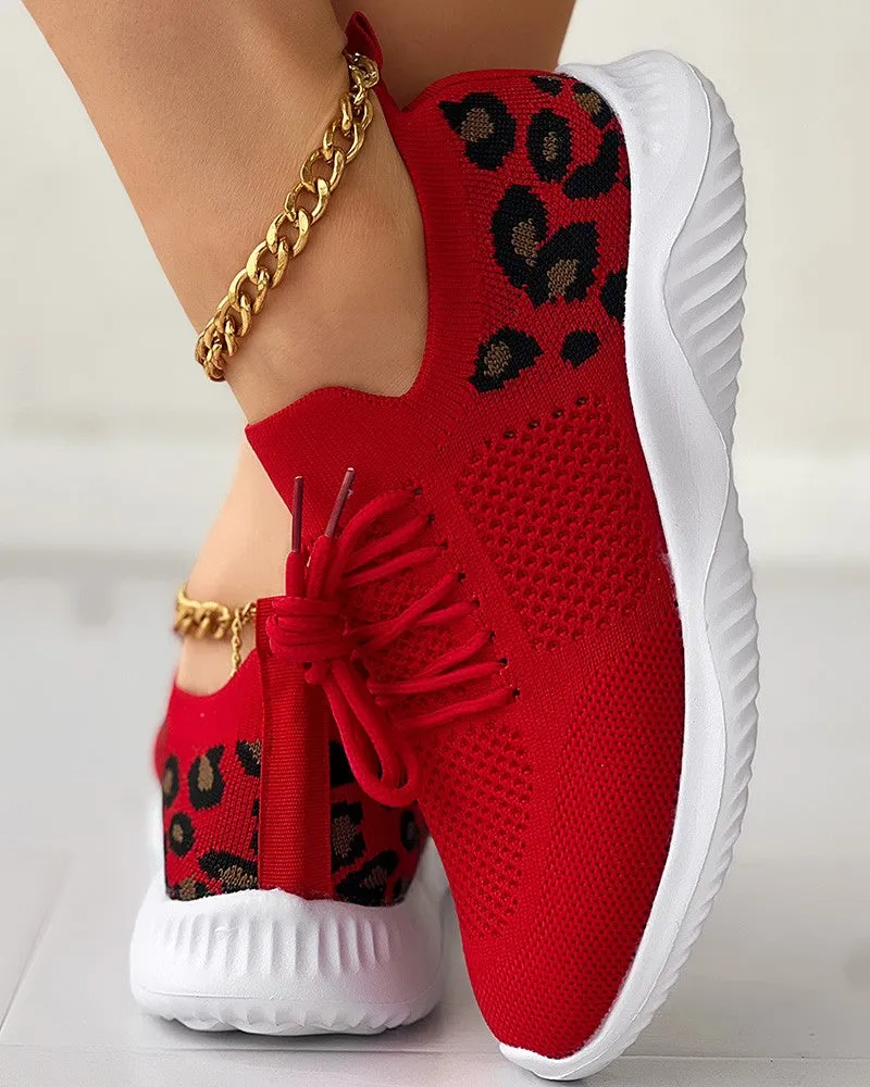 Leopard Lace up Breathable Casual Sneakers