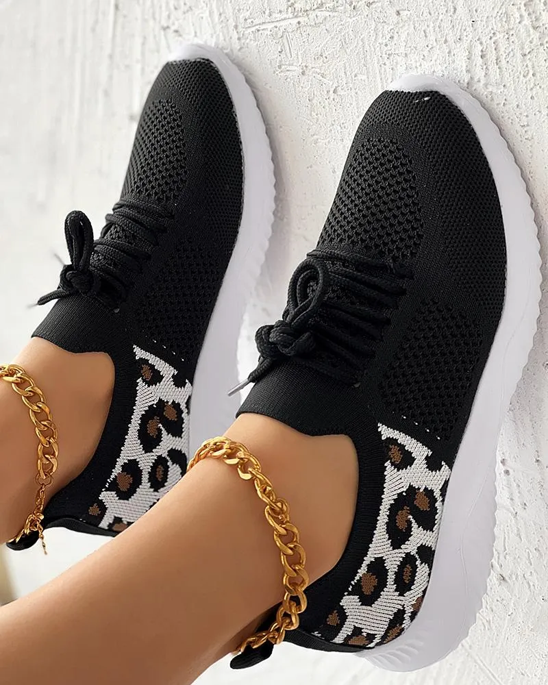 Leopard Lace up Breathable Casual Sneakers