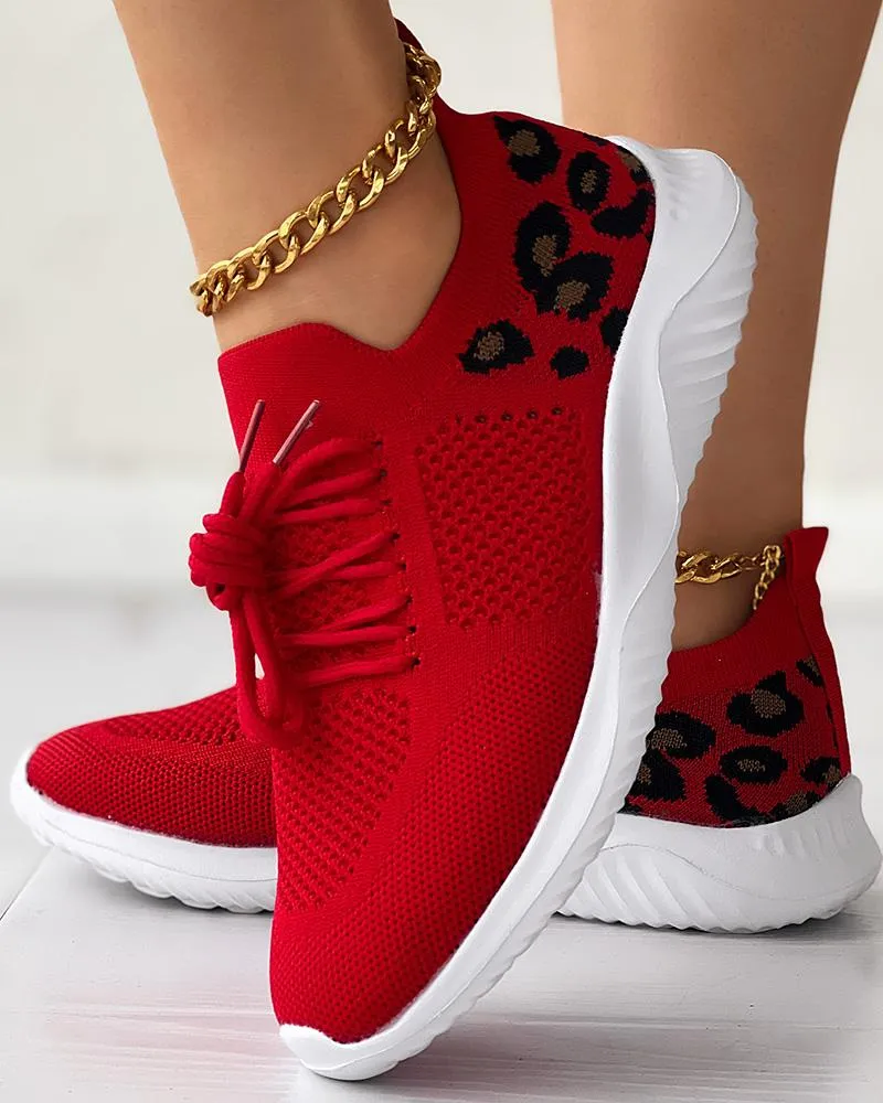 Leopard Lace up Breathable Casual Sneakers