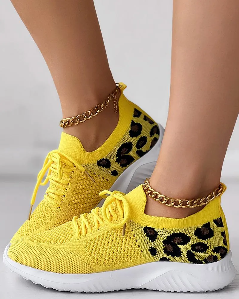 Leopard Lace up Breathable Casual Sneakers